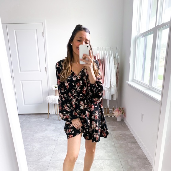 Black Floral Print Long Sleeve Fit & Flare Dress - Picture 11 of 14